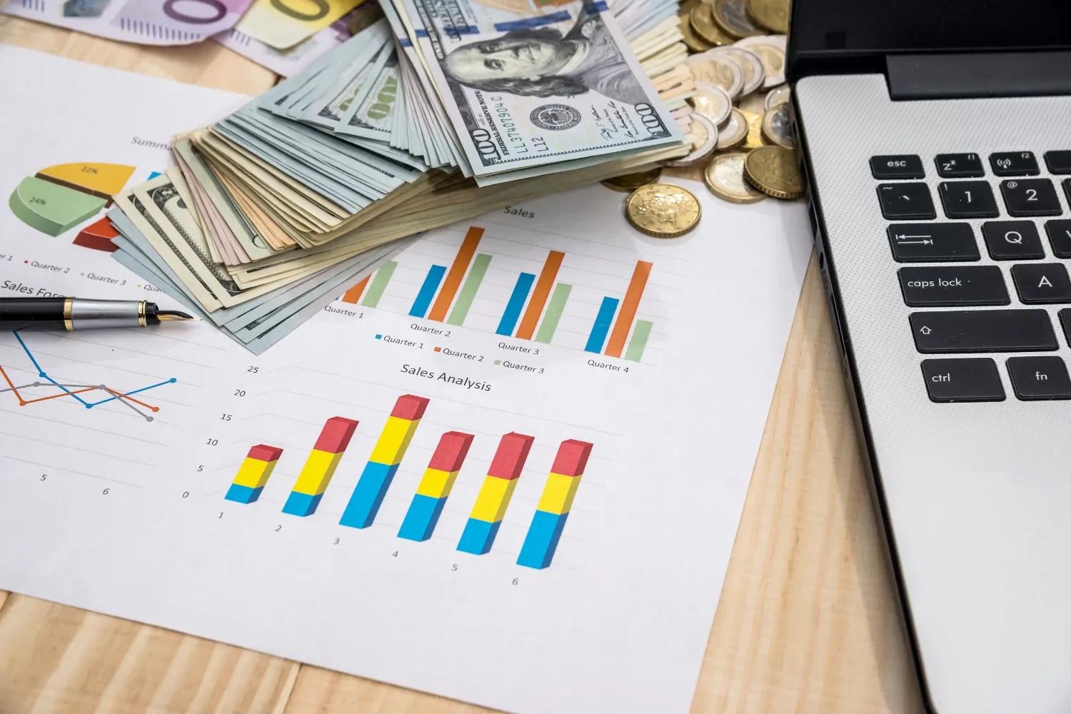 Office workplace - business chart, laptop, pen, dollar and calculator