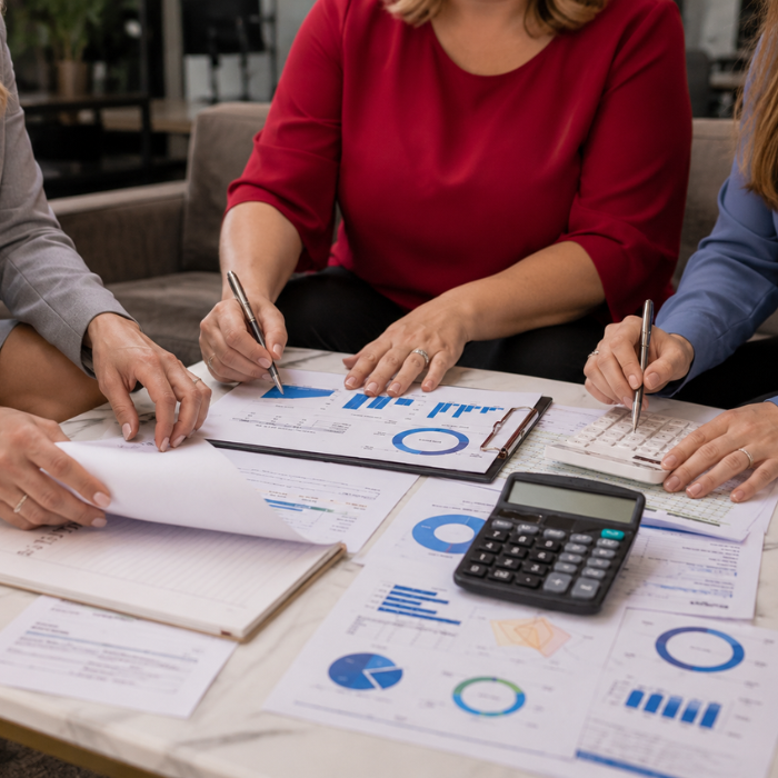 The fund manager team consults and discusses stock market analysis by meeting digital tablet business consultants to analyze and discuss the financial report situation in the confe